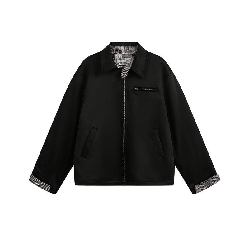 Unisex Short Cut Boxy Blouson Jacket with Checked Lining and Chest Zip Pocket Mune Fashion
