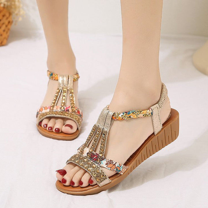 Ladies' elegant wedge sandals with padded comfort insole and jeweled chain trim Mune Fashion