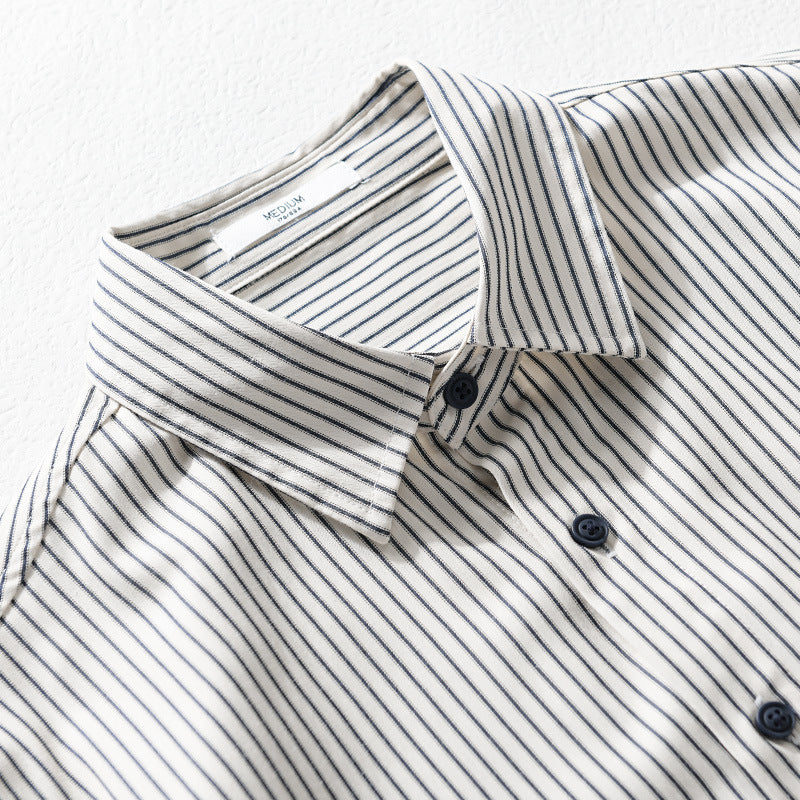 Men's Long Sleeve Shirt with Fine Pinstripes, Contrast Elbows and Rounded Hem Mune Fashion
