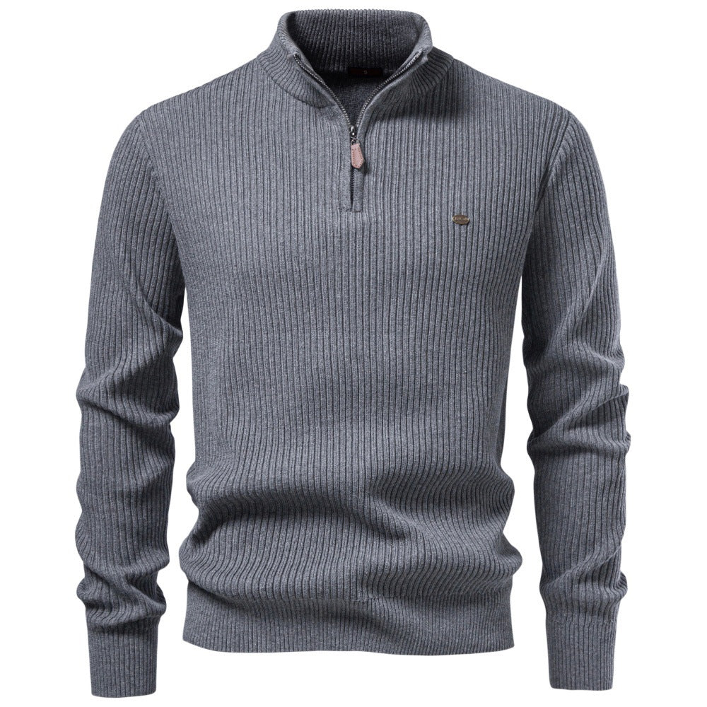 Men's Ribbed Sweater with Short Zipper and Stand-Up Collar Mune Fashion