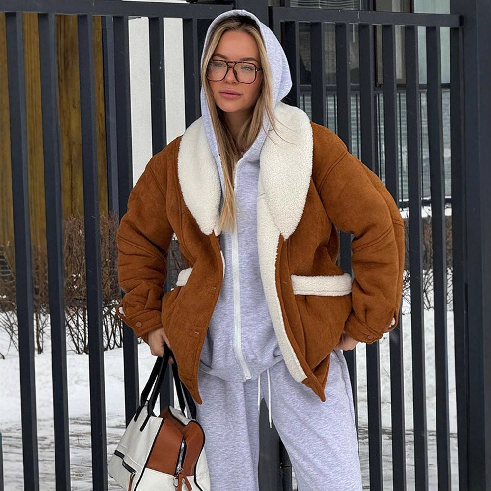 Women Oversized Sheepskin Imitation Jacket with Large Shawl Collar Mune Fashion