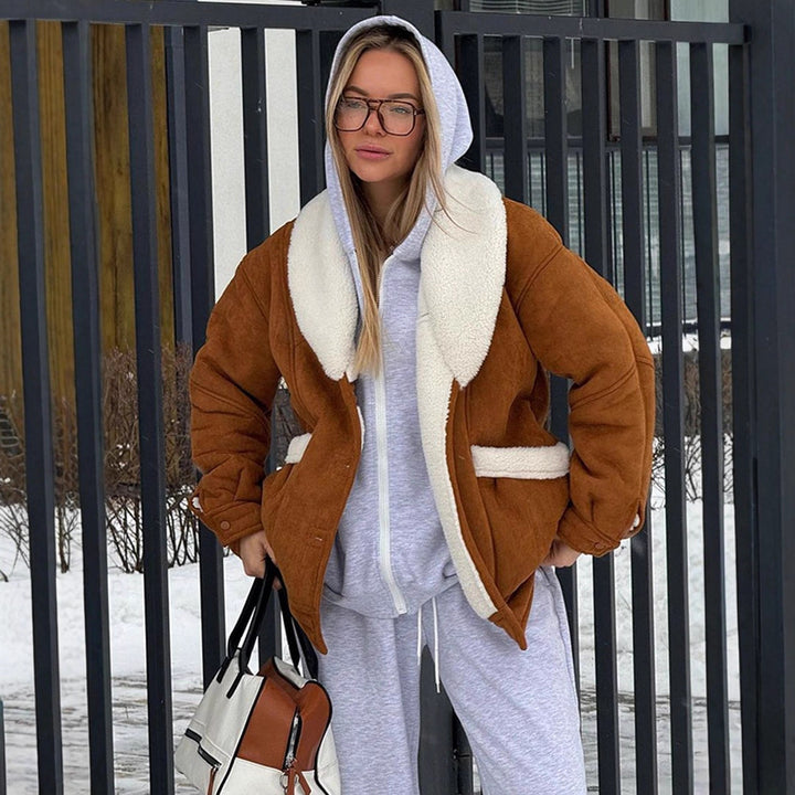 Women Oversized Sheepskin Imitation Jacket with Large Shawl Collar Mune Fashion