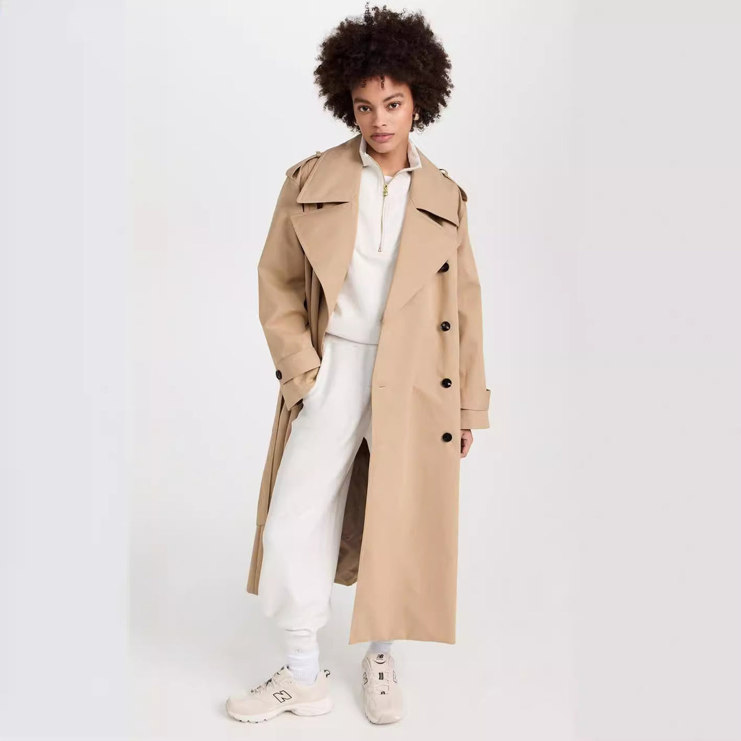 Women's Long Trench Coat made of Cotton Blend with Double-Breasted Button Placket, Waist Belt and Shoulder Flaps Mune Fashion