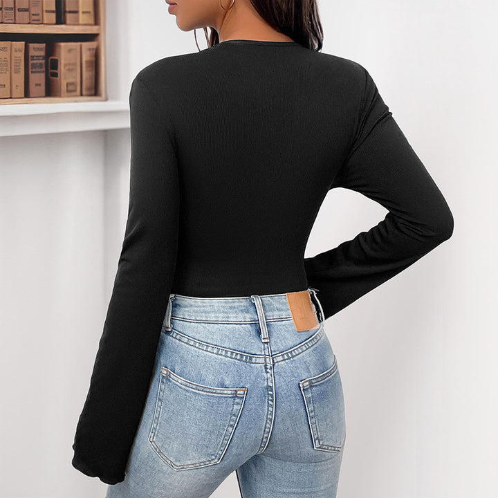 Women\'s figure-hugging bodysuit with asymmetric organza flower appliqué and bell sleeves Mune Fashion