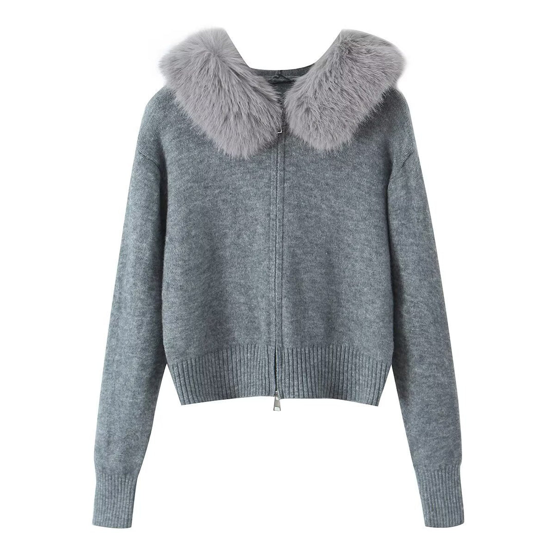 Women Short-Cut Knit Jacket with Zipper and Removable Faux Fur Collar Mune Fashion