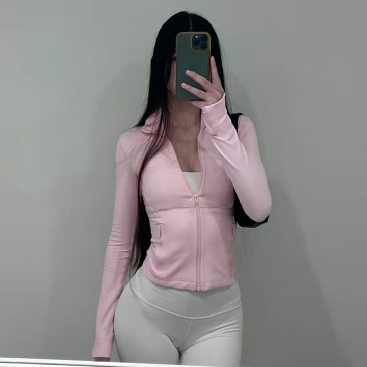 Women's cropped ribbed hoodie with half zipper, long sleeves and thumb hole Mune Fashion