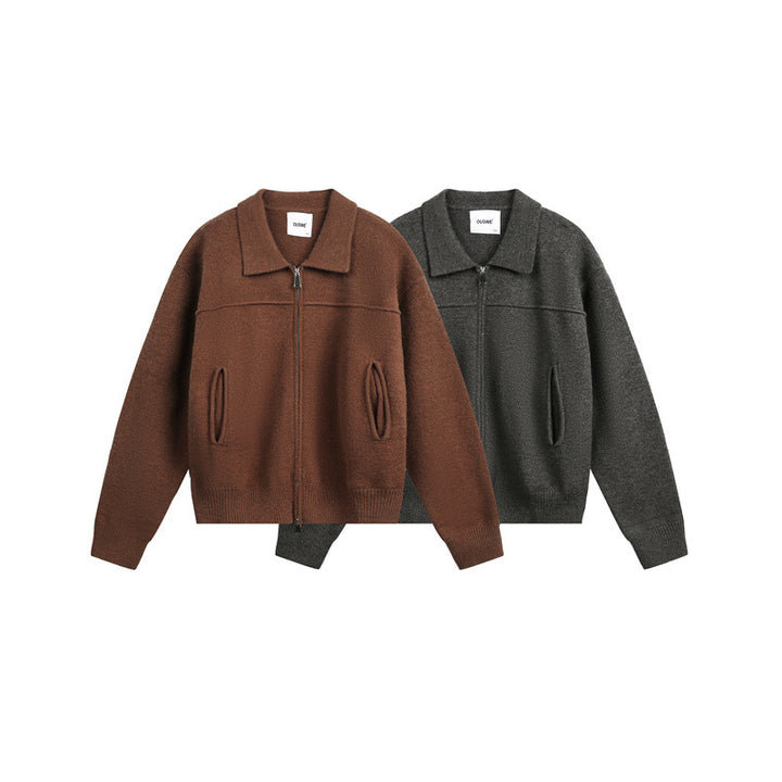 Men's knit zip jacket with shirt collar, hand pockets and ribbed hem Mune Fashion
