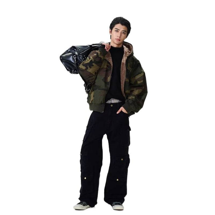 Men's Padded Hooded Bomber Jacket with Faux Fur Lining and Camouflage Pattern Mune Fashion