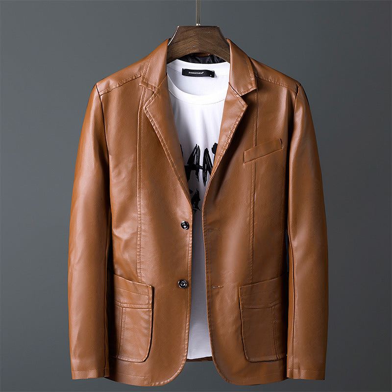 Men's Faux Leather Blazer in Slim Fit with Shirt Collar, Flap Pockets, and Elegant Pilot Silhouette Mune Fashion