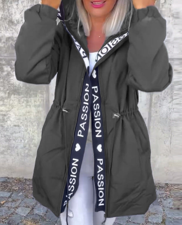 Women's Hooded Parka with Drawstring Waist and Logo Band Zipper Mune Fashion