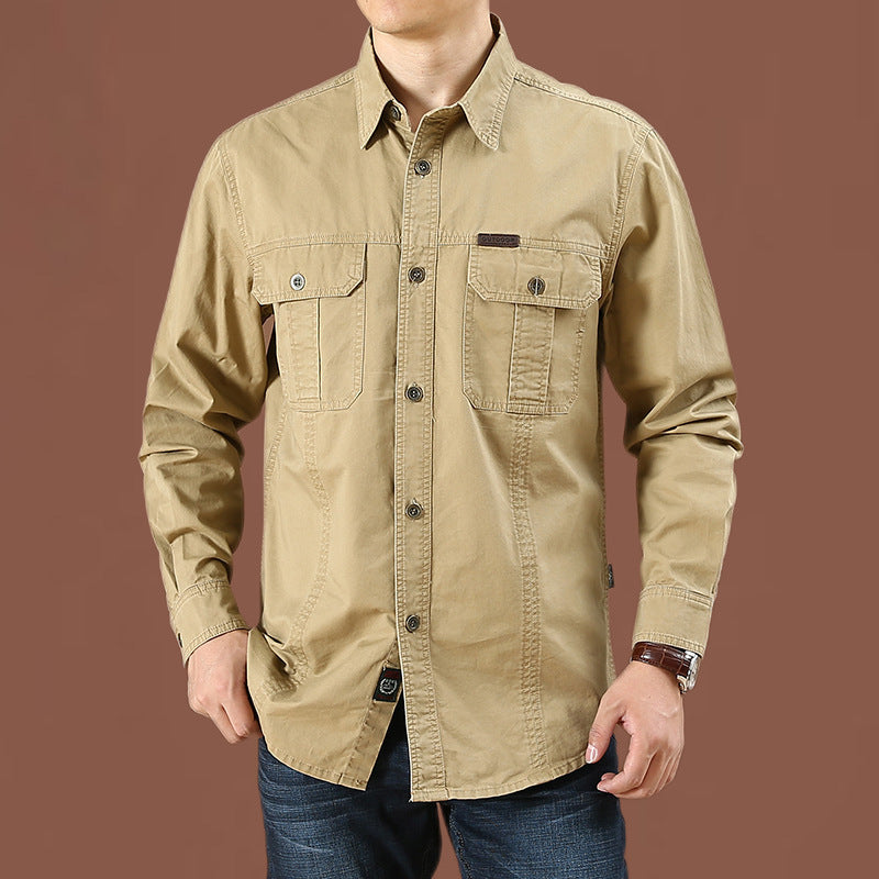 Men's robust cotton twill field shirt with patch flap chest pockets and distinctive seam details.