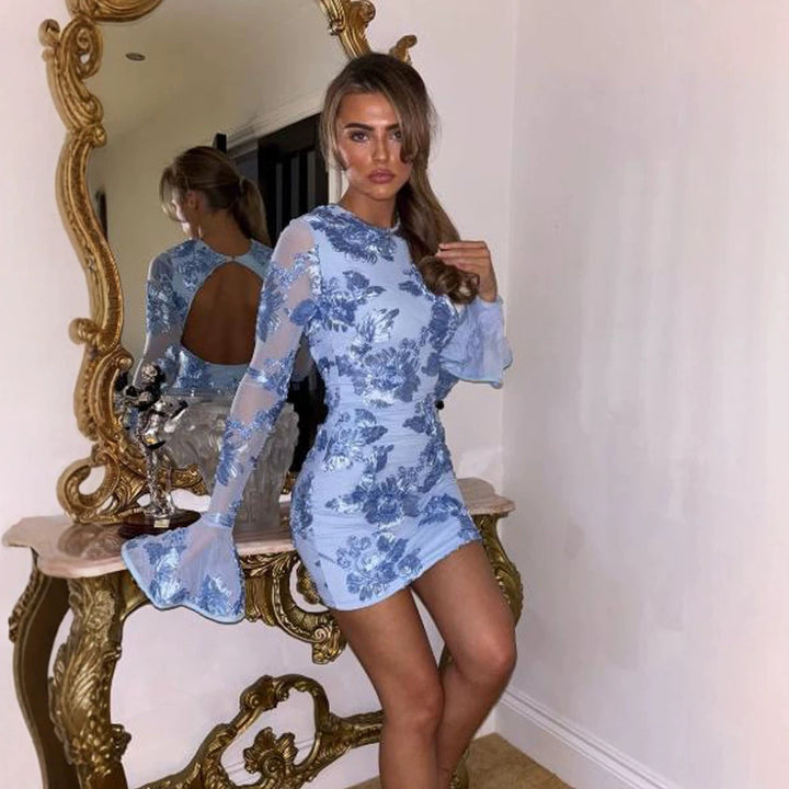 Women's Tight Mini Dress with Floral Lace Applique, Transparent Sleeves and Ruffle Cuffs Mune Fashion