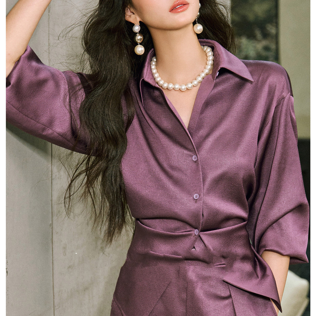 Women's Elegant Blouse with Shimmering Finish and Waist Belt Mune Fashion