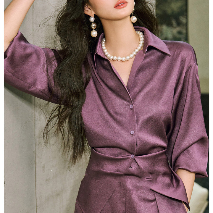 Women's Elegant Blouse with Shimmering Finish and Waist Belt Mune Fashion