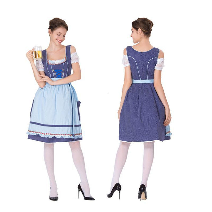 Women's classic traditional dirndl with polka dot bodice, laced corset and removable ruffled apron Mune Fashion