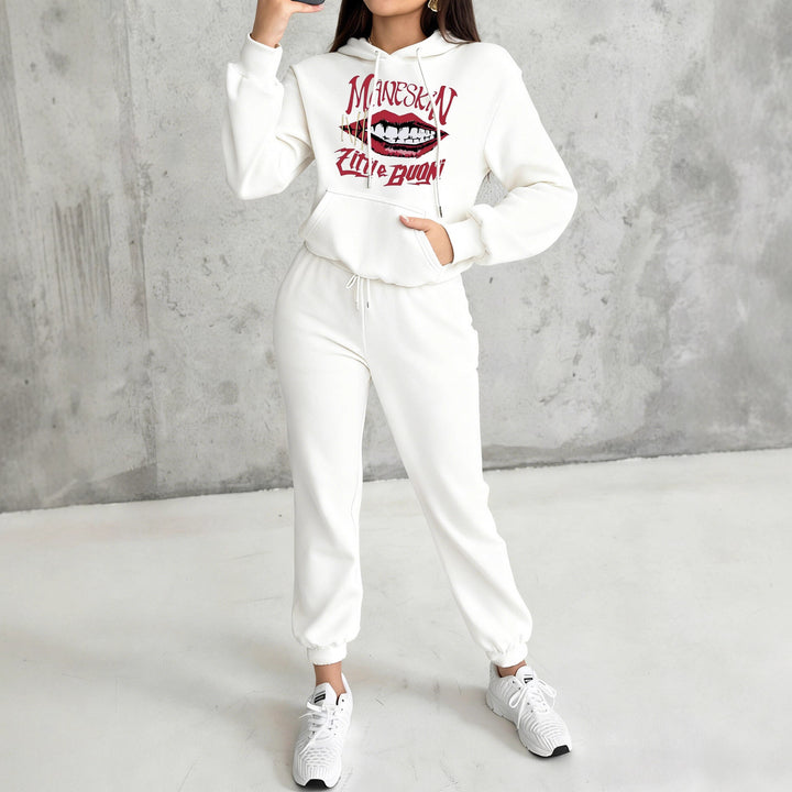 Women's hoodie and jogger set with hood, kangaroo pocket, elastic waistband, and striking lip statement print Mune Fashion