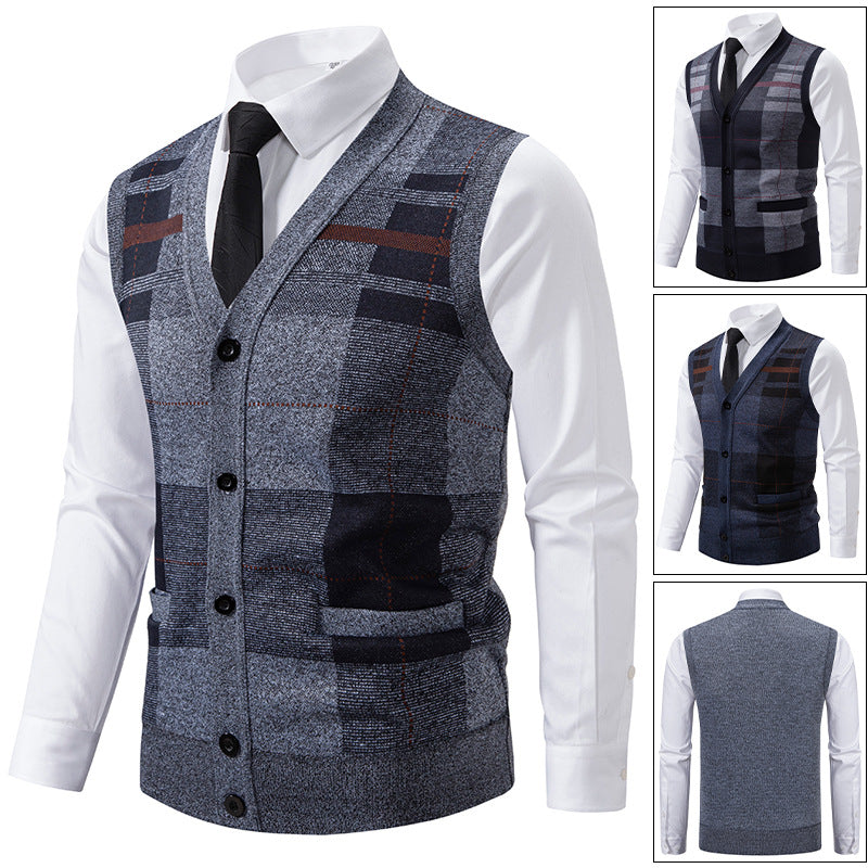 Men's tailored knitted vest with V-neck, fine check pattern, button placket, and patch pockets Mune Fashion
