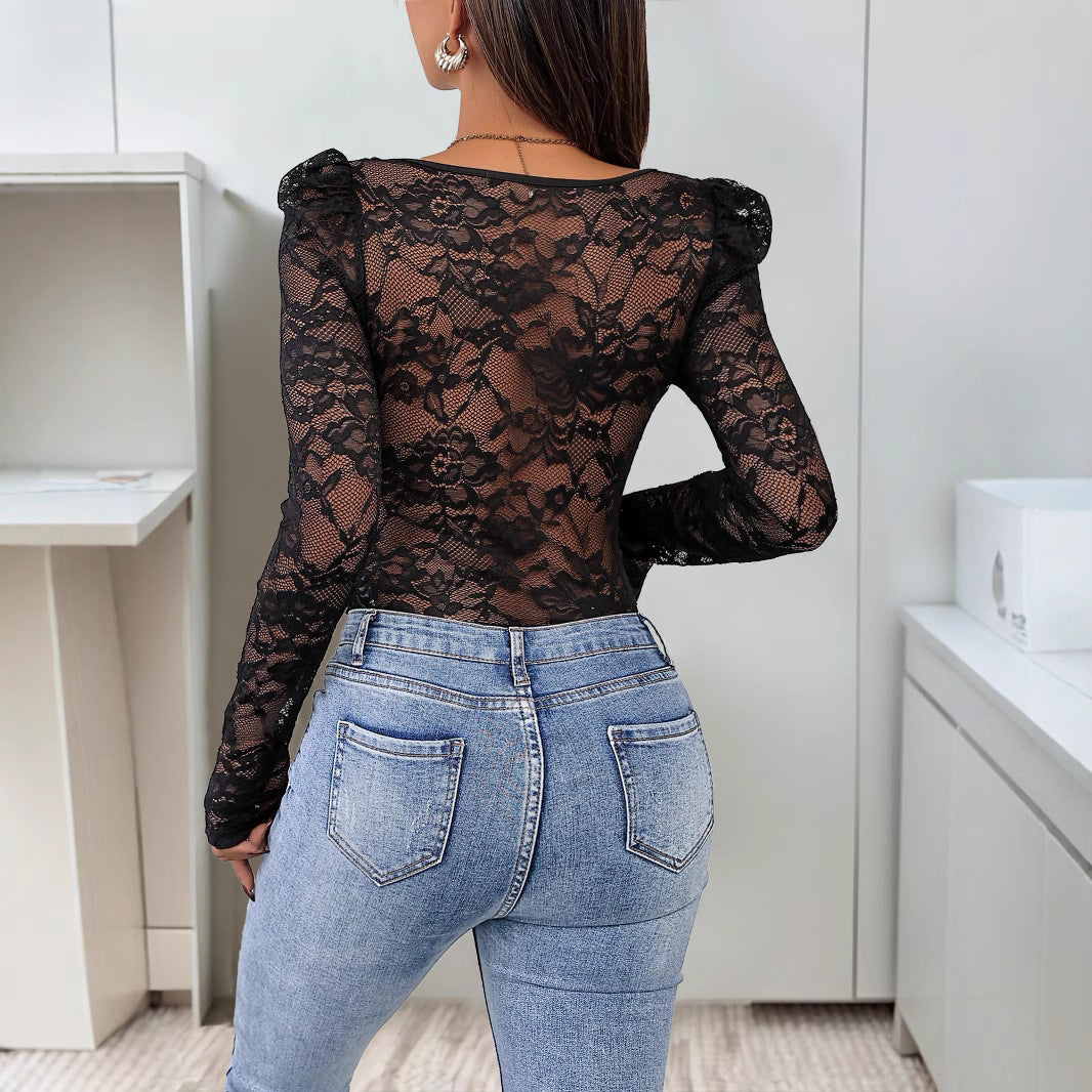 Women's Shaping Lace Bodysuit with Corset Seams and Long Transparent Sleeves