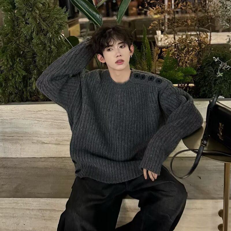 Men's Chunky Knit Oversized Sweater with Round Neckline and Shoulder Button Placket Mune Fashion