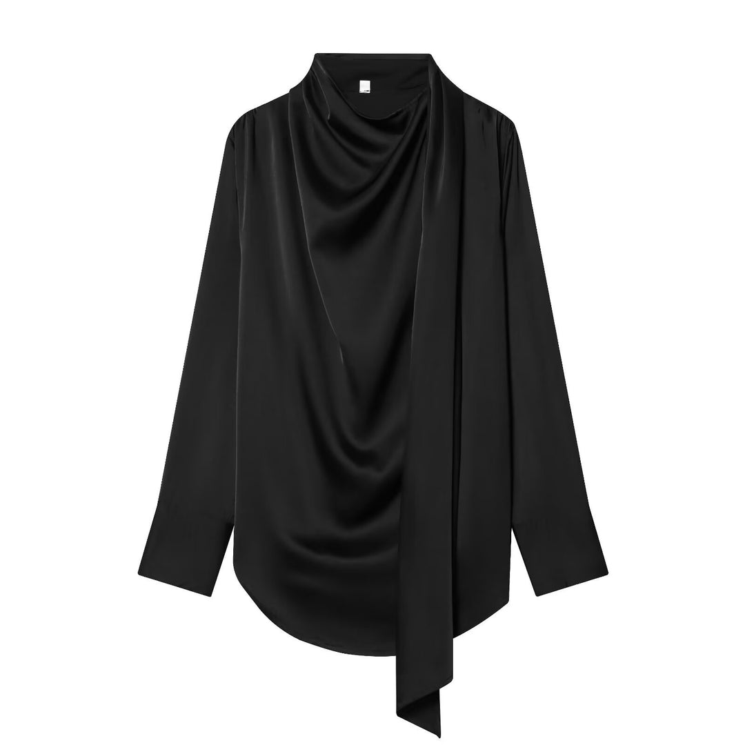 Women's Draped Oversized Blouse with Bow and Stand-up Collar Mune Fashion