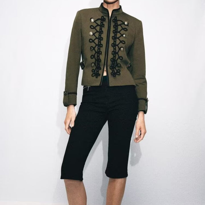 Women's Short Military-Style Jacket with Stand-Up Collar and Decorative Cord Mune Fashion