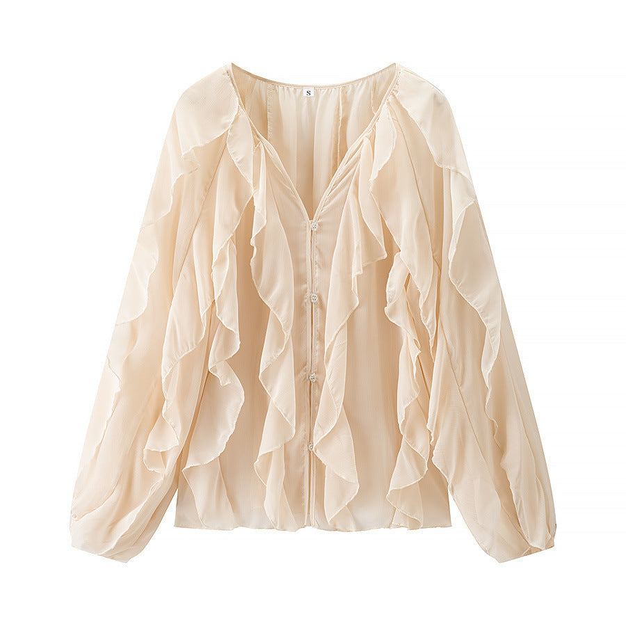 Ladies Voluminous Chiffon Blouse with Layered Ruffles and Button Closure Mune Fashion