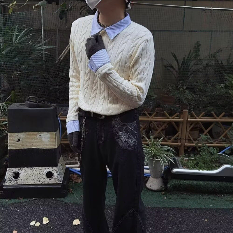 Men's Cable Knit Sweater with Shirt Collar Layering Effect Mune Fashion