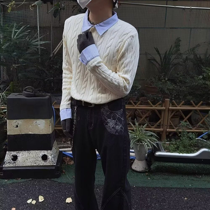 Men's Cable Knit Sweater with Shirt Collar Layering Effect Mune Fashion