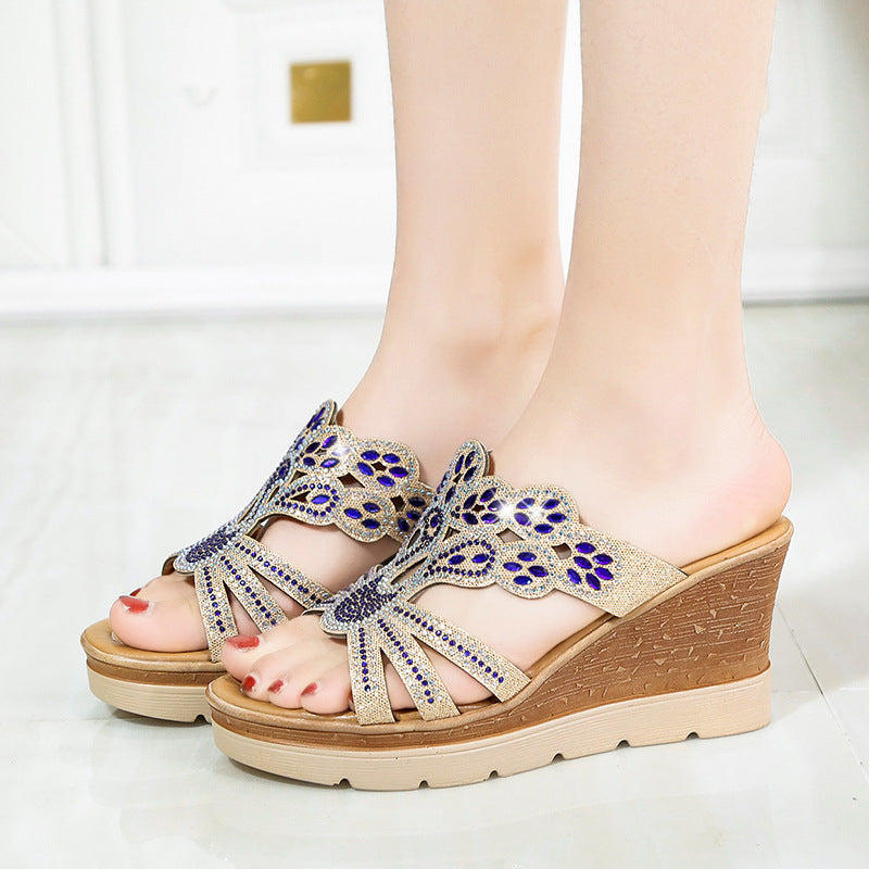 Women's ornamental wedge sandals with curved strap design and cushioned comfort footbed Mune Fashion
