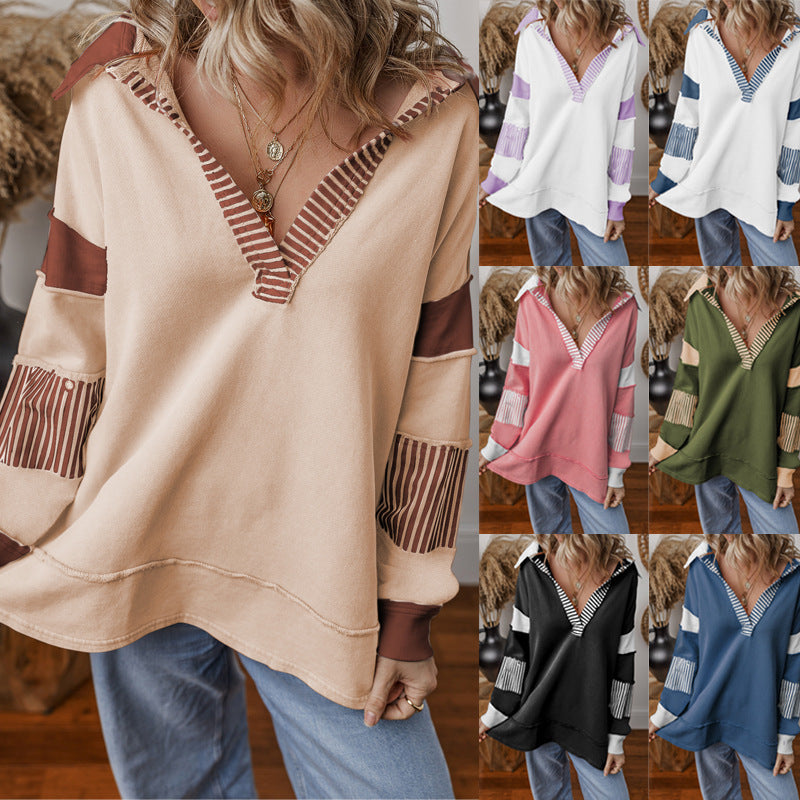 Women’s oversized sweatshirt with deep V-neck, striped inner collar and contrast sleeves Mune Fashion