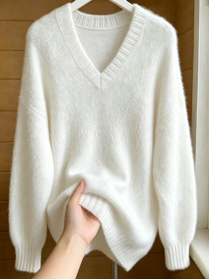 Women Fluffy Mohair-Mix Oversize Sweater with Deep V Neck Mune Fashion