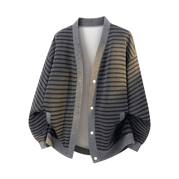 Women Oversized Stripe Cardigan with Snap Button Placket, Side Pockets & Raglan Sleeves Mune Fashion