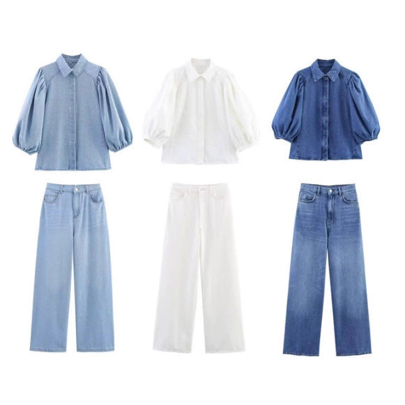 Women 100+ high-waisted wide denim palazzo pants with five pockets and straight hem Mune Fashion
