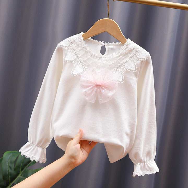 Girls long sleeve shirt with cute lace trim and bow decor Mune Fashion
