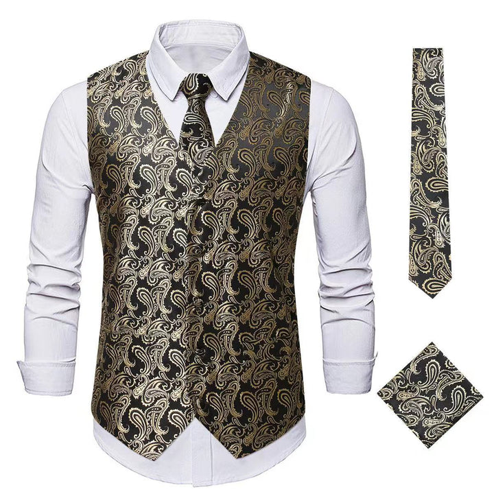 Men's Nan Paisley Satin Suit Vest Set with Tie and Pocket Square Mune Fashion
