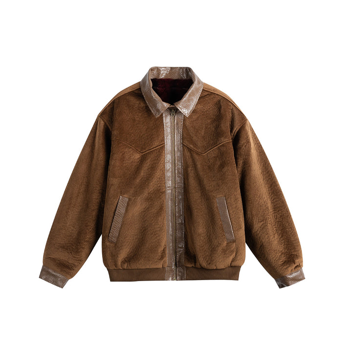 Unisex Oversize Blouson Jacket made of Velours-Suede with reptile embossed trim and warming teddy lining Mune Fashion