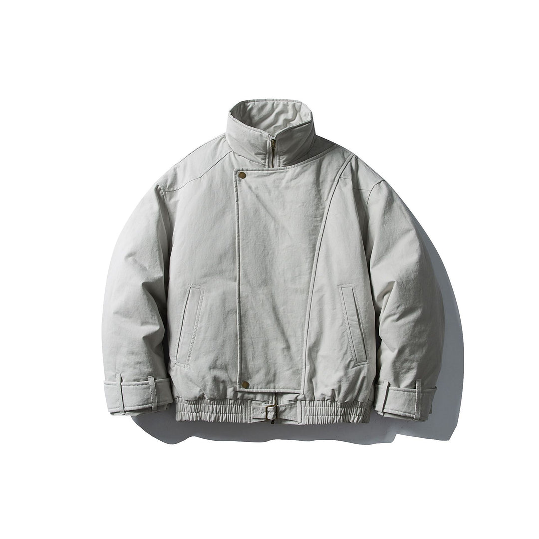 Men's Volume Stand Collar Bomber with Asymmetric Front Flap and Waist Buckle Mune Fashion