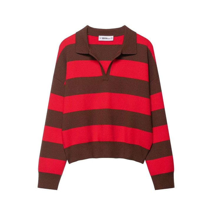 Women striped rugby knit sweater with polo collar and loose oversized fit Mune Fashion
