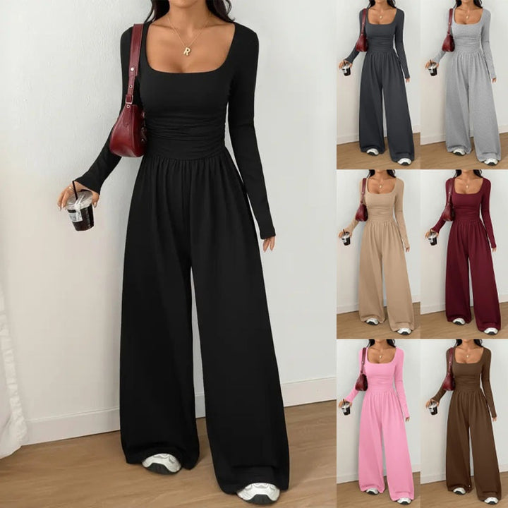 Women's jumpsuit with wide leg, square neckline and gathered waist area