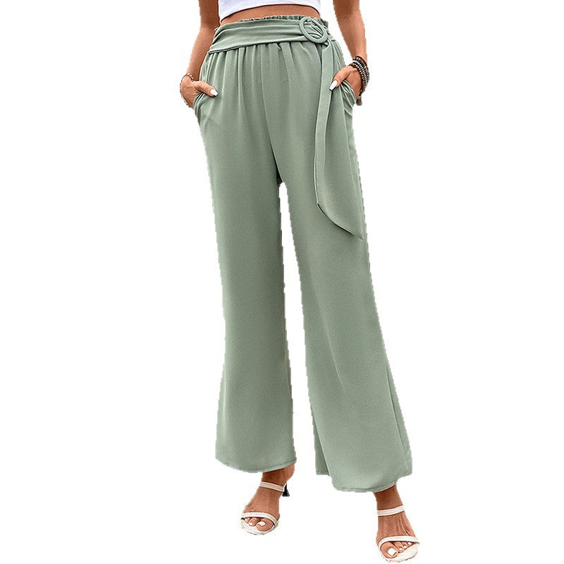 Women's High-Waisted Palazzo Pants with Draped Waistband and D-Ring Tie Belt Mune Fashion