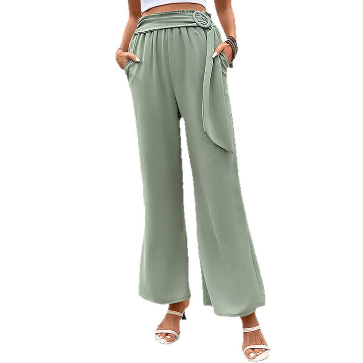 Women's High-Waisted Palazzo Pants with Draped Waistband and D-Ring Tie Belt Mune Fashion
