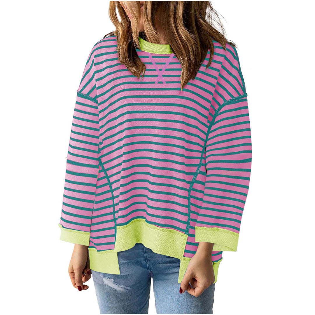 Women's oversized striped sweatshirt pullover with contrasting hem, dropped shoulder and side slits Mune Fashion