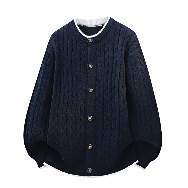 Women Oversize Cable Knit Cardigan with Round Neck, Wooden Button Placket & Contrast Trim Mune Fashion