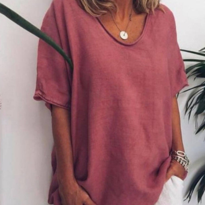 Women's loose linen blend tunic with dropped shoulder and rounded hem Mune Fashion