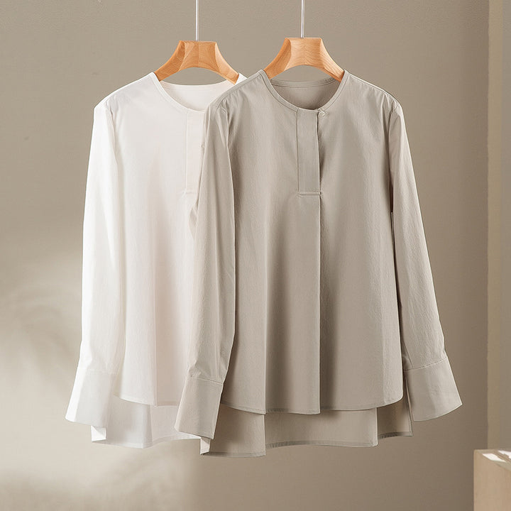 Ladies Casual Long Sleeve Blouse with Hidden Button Placket and Layered Hem Mune Fashion