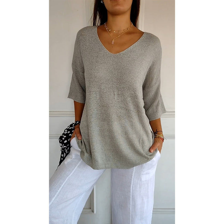 Women's relaxed fit V-neck fine knit pullover with three-quarter sleeves Mune Fashion