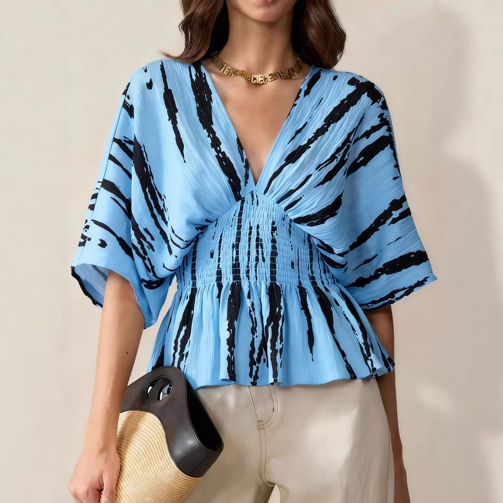 Women's V-Neck Blouse with Loose Fit and Ruching Mune Fashion