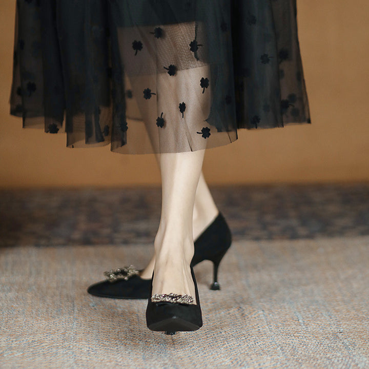 Ladies pointed toe satin pumps with square rhinestone ornament and sculptural kitten heel Mune Fashion