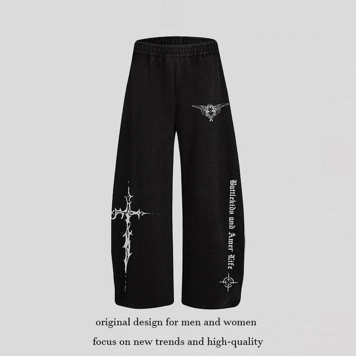 Women's Loose Palazzo Style Lounge Pants with Elastic Waistband and Gothic Print Mune Fashion
