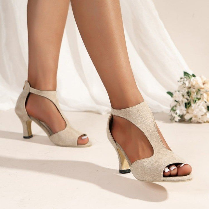 Ladies' elegant T-shaped strap pumps with open toe, rear zipper and mid-high stiletto heel Mune Fashion